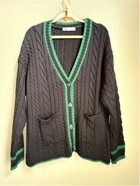 Women's ZARA Navy Green Cable Knit Cardigan L swiftie reputation sweater